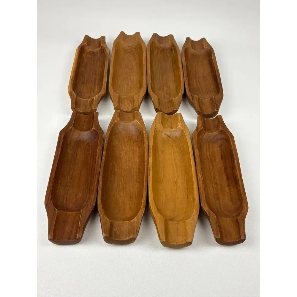 Corn-On-The Cob Hand Carved Teak Wood Trays Holders Set of 8 M2614